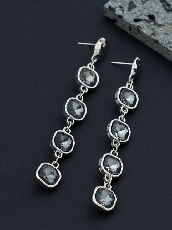 Jewelry - Vintage Silver-Tone Smoky Gray Crystal Linear Drop Earrings